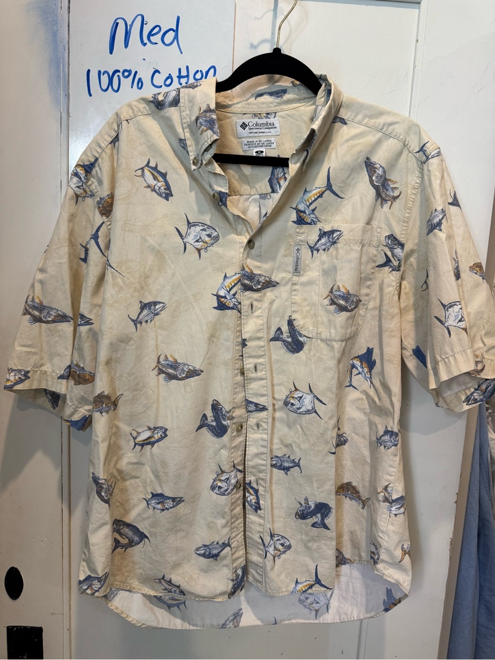 Columbia 100% Cotton Men’s Short-Sleeve Fish Print Button-Up Shirt - Cream/Blue